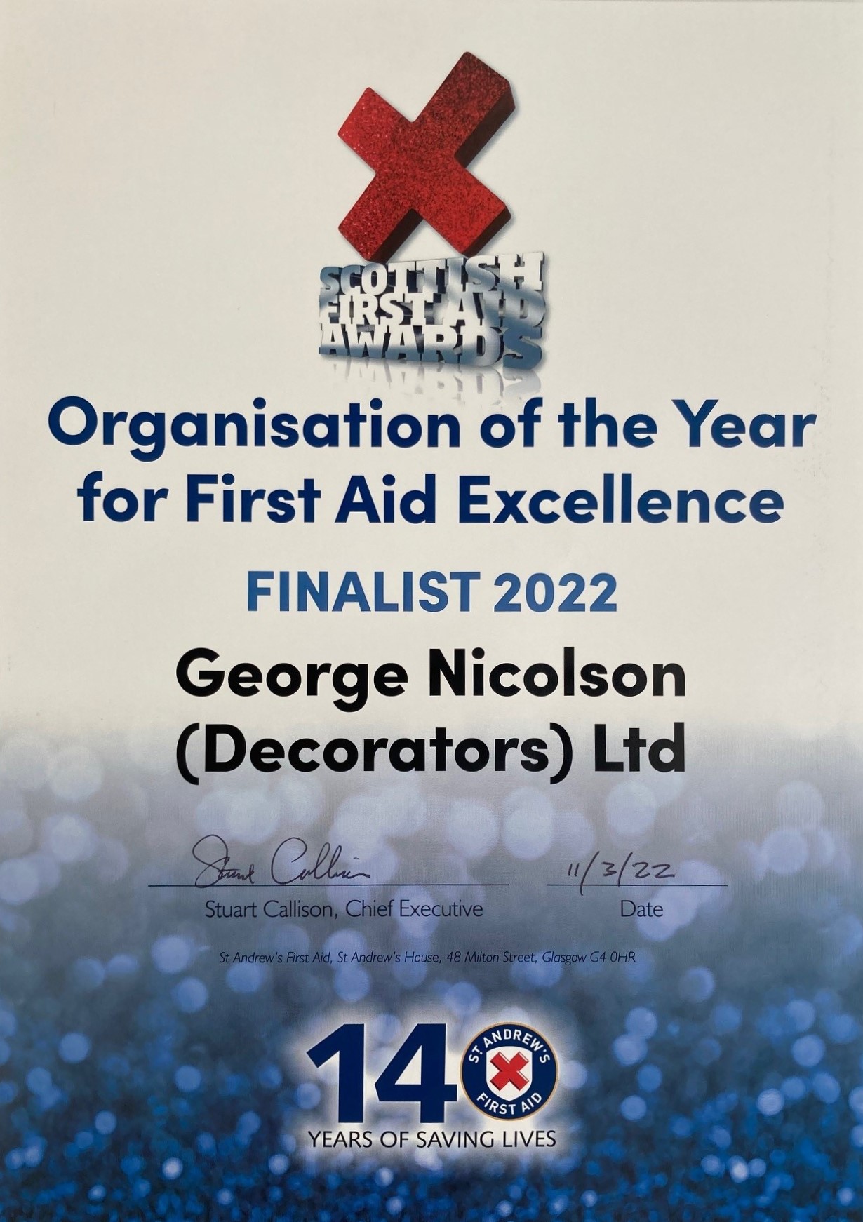 St Andrew's First Aid Awards 2022 - Finalist Certificate 2022